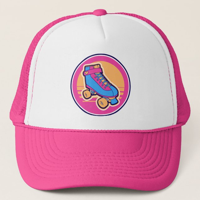80s Pink Blue Summer Cartoon Roller Skate Trucker Hat (Front)