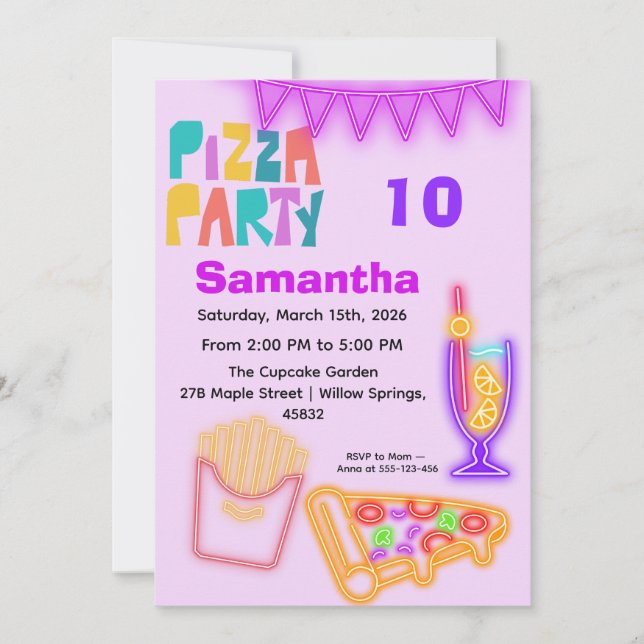 80s Pizza Party Invitation - Neon Arcade Theme (Front)
