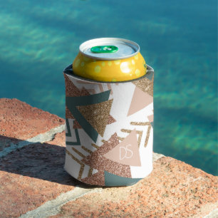 80s Retro Abstract 70s Green and Gold Monogram Can Cooler