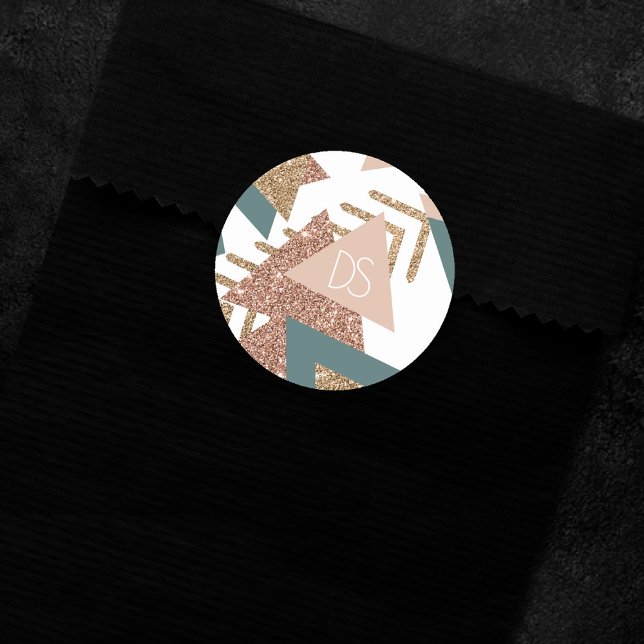 80s Retro Abstract | 70s Green and Gold Monogram Classic Round Sticker (Creator Uploaded)