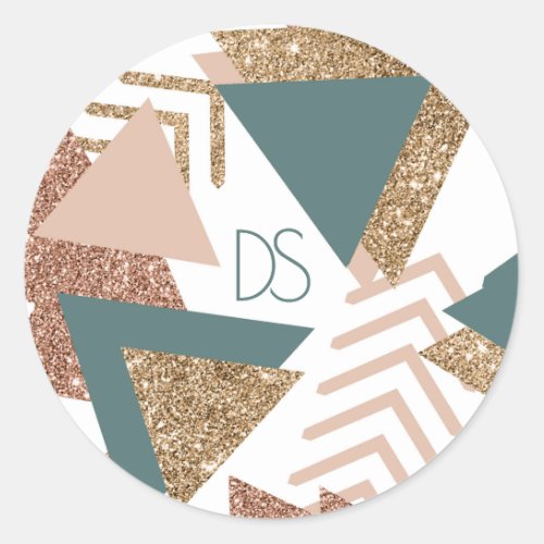 80s Retro Abstract  70s Green and Gold Monogram Classic Round Sticker