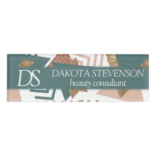 80s Retro Abstract 70s Green and Gold Monogram Name Tag