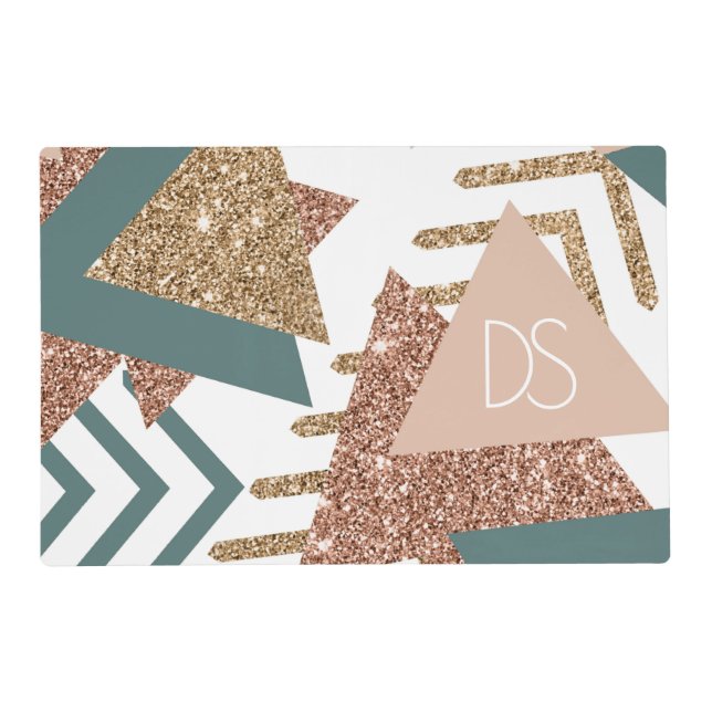 80s Retro Abstract | 70s Green and Gold Monogram Placemat (Front)