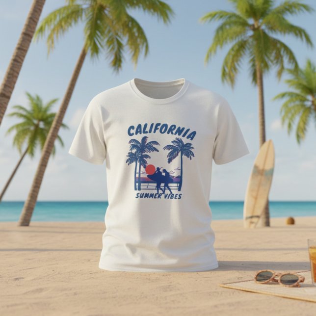 80s Retro California Palm Trees & Surfer Graphic T-Shirt (Creator Uploaded)
