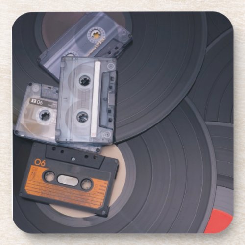 80s Retro Cassette Tapes and Vinyl Records Coaster