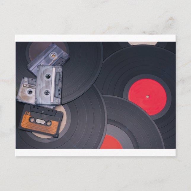 80's Retro Cassette Tapes and Vinyl Records Postcard (Front)