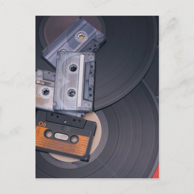 80's Retro Cassette Tapes and Vinyl Records Postcard (Front)