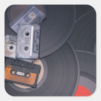 80's Retro Cassette Tapes And Vinyl Records Square Sticker by JAM_Design at Zazzle
