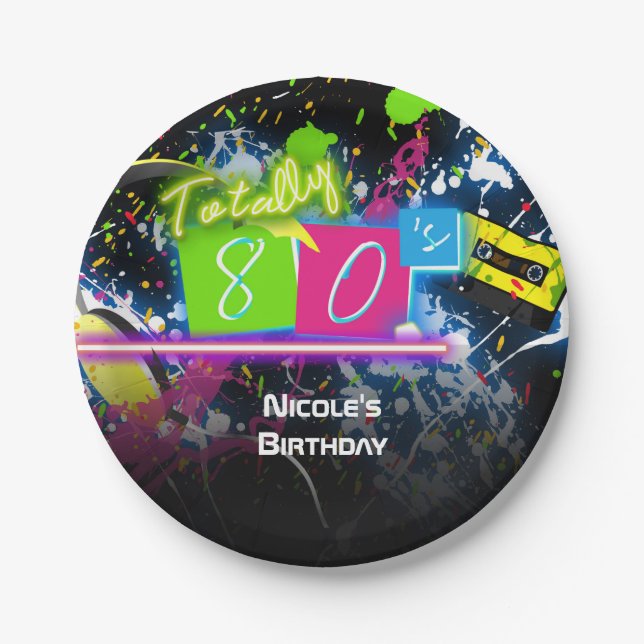 80's Retro Fun Birthday Party Neon Glow Splatter Paper Plates (Front)