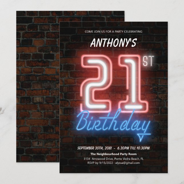 80s Retro Fun Neon Sign 21st Birthday Custom  Invitation (Front/Back)