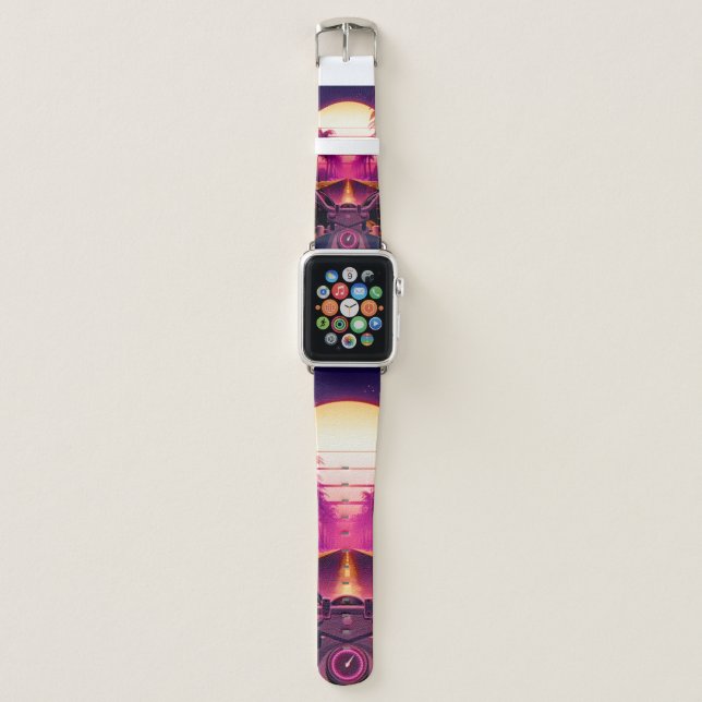 80s retro futuristic sci-fi background with motorc apple watch band (Front)