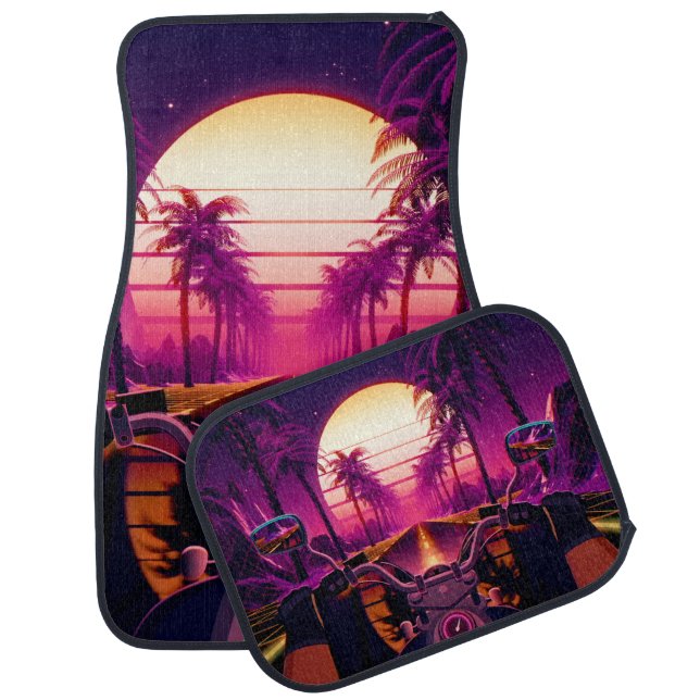 80s retro futuristic sci-fi background with motorc car floor mat (Set)