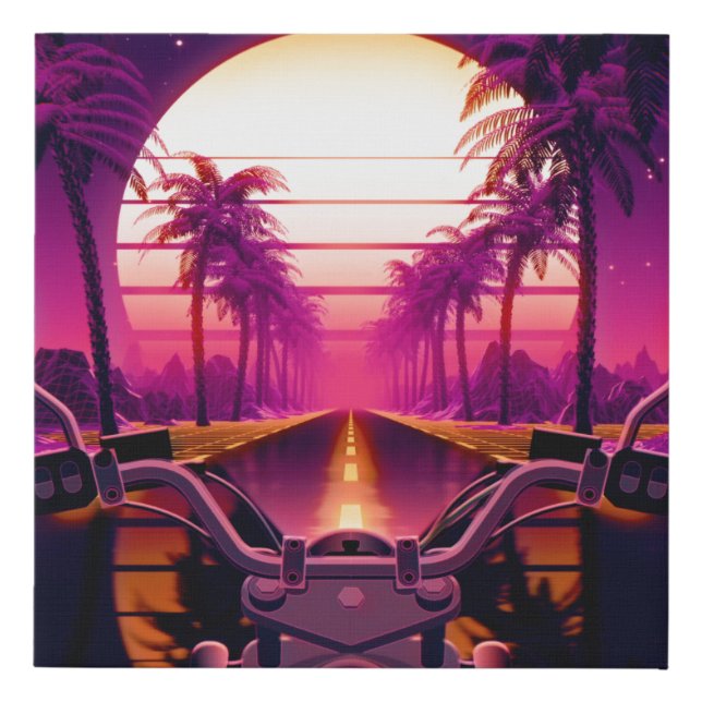 80s retro futuristic sci-fi background with motorc faux canvas print (Front)