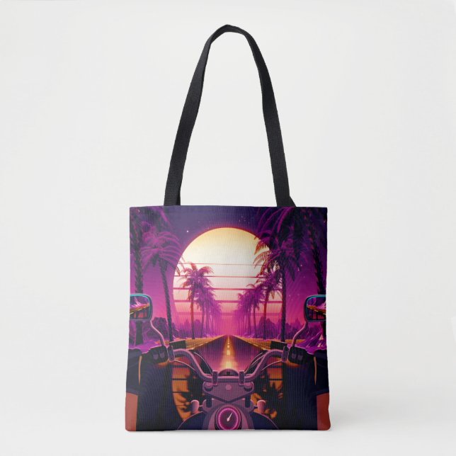 80s retro futuristic sci-fi background with motorc tote bag (Front)