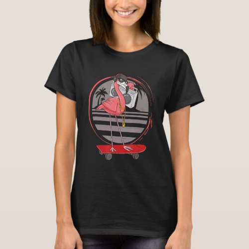 80s Retro Hip Hop Skater Flamingo With Boombox T_Shirt