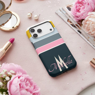 80s Retro Navy Pink Yellow Stripes Custom Monogram iPhone 17 Pro Max Case