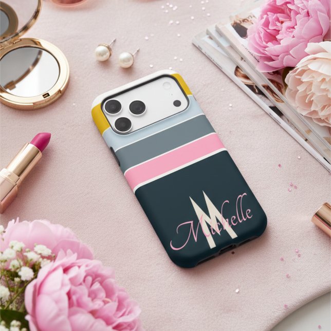 80s Retro Navy Pink Yellow Stripes Custom Monogram Case-Mate iPhone Case (Creator Uploaded)