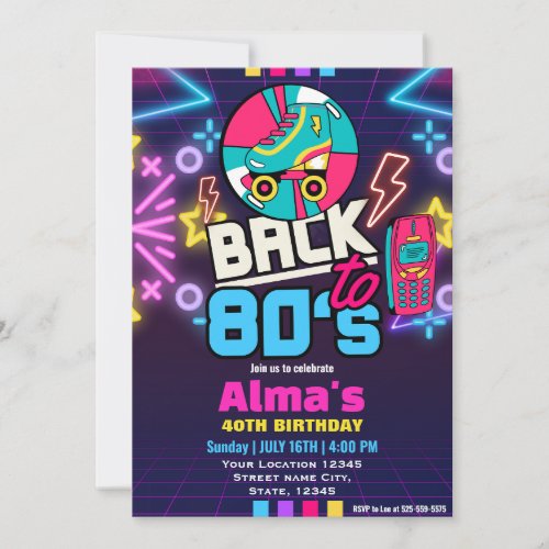 80s Retro Neon 40th birthday  Invitation
