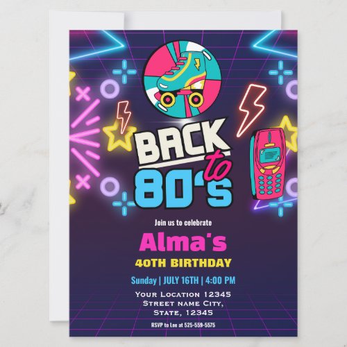 80s Retro Neon 40th birthday  Invitation