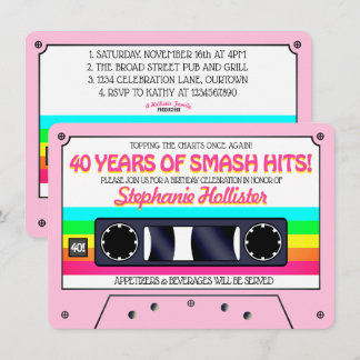 80's Retro Pink Neon Label Cassette Birthday Party Invitation
