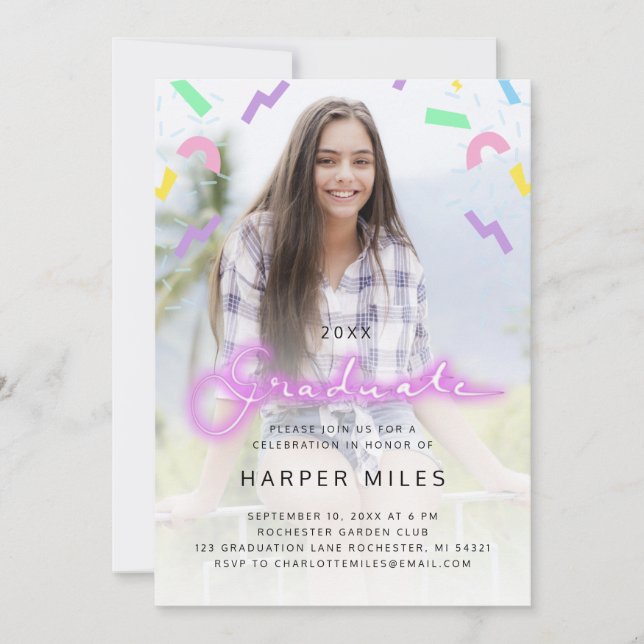 80s retro pink neon pastel graduation photo invitation (Front)