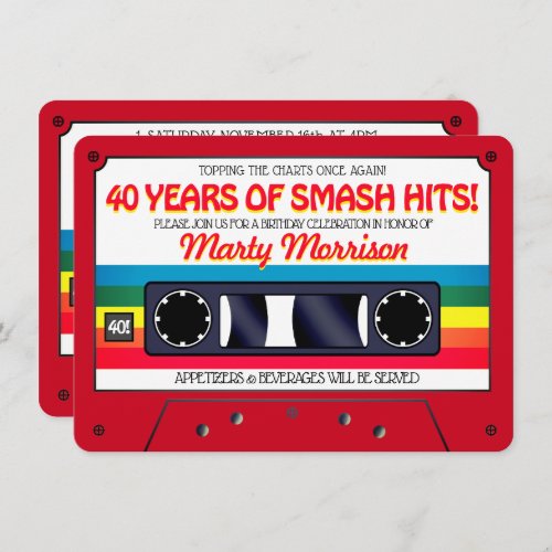 80s Retro Red Cassette Birthday Party Invitation