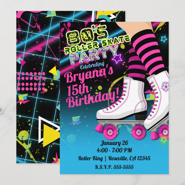 80's Retro Roller Skating Skate Birthday Party Inv Invitation (Front/Back)