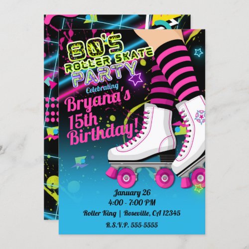 80s Retro Roller Skating Skate Birthday Party Inv Invitation