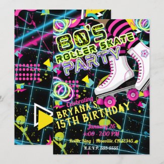 80's Retro Roller Skating Skate Birthday Party Invitation