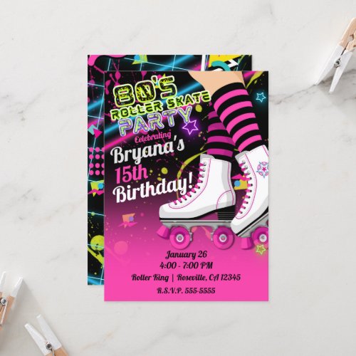 80s Retro Roller Skating Skate Pink Party  Invitation