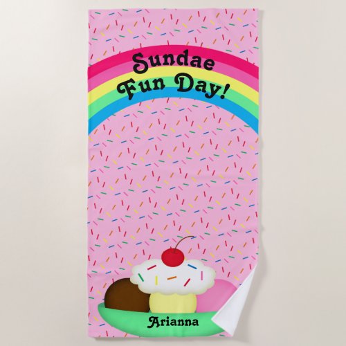 80s Retro Sunday Fun Day Ice Cream Sprinkles Pink Beach Towel