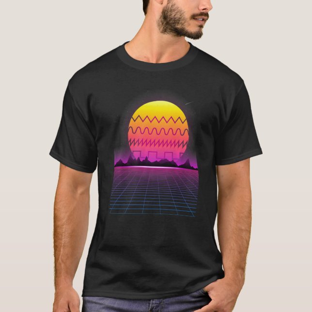80s Retro Sunset Synthesizer  Synthwave Waveform T-Shirt (Front)
