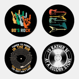 80s rock and roll music vinyl records turntable coaster set