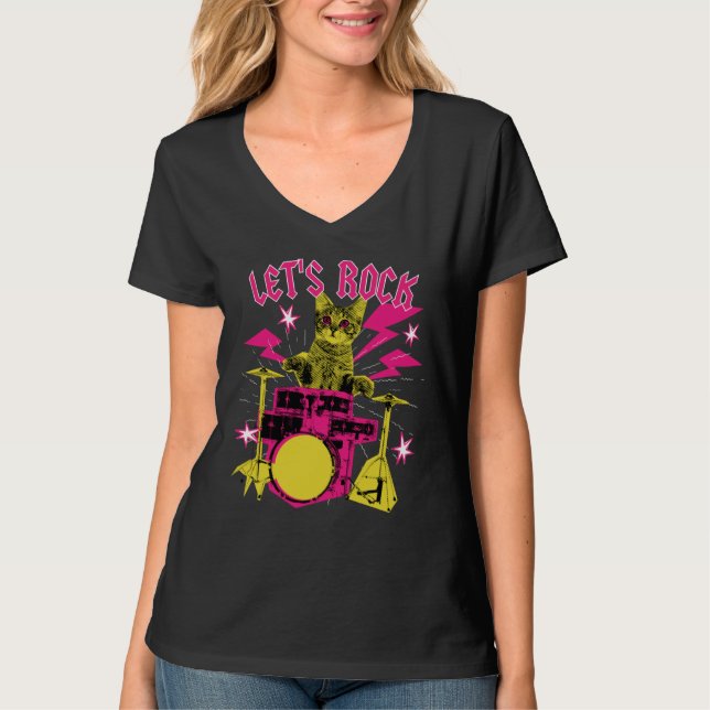 80s Rock N Roll Girl Cat Let's Rock T-Shirt (Front)
