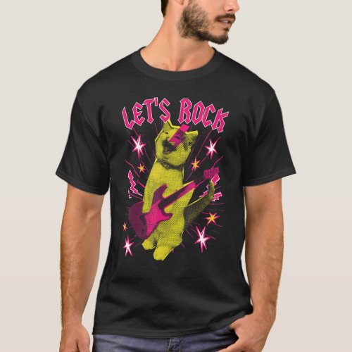 80s Rock N Roll Girl Cat Lets Rock T_Shirt