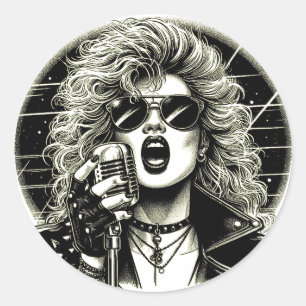 80s Rocker chick female singer ink illustration  Classic Round Sticker