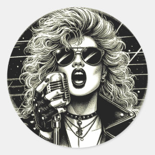 80s Rocker chick female singer ink illustration Classic Round Sticker