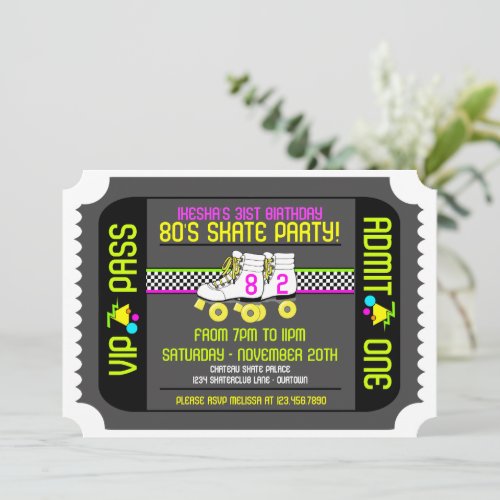 80s Rollerskate Ticket Style Party Invitations