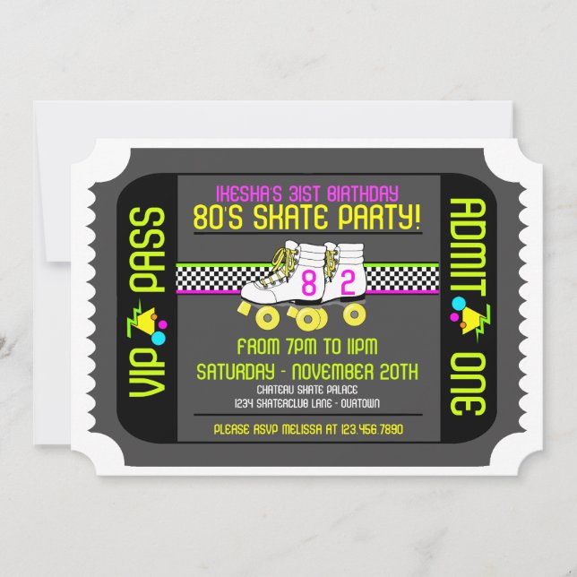 80s Rollerskate Ticket Style Party Invitations (Front)