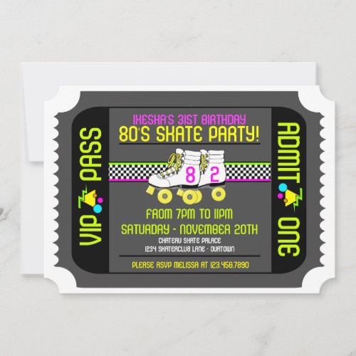80s Rollerskate Ticket Style Party Invitations