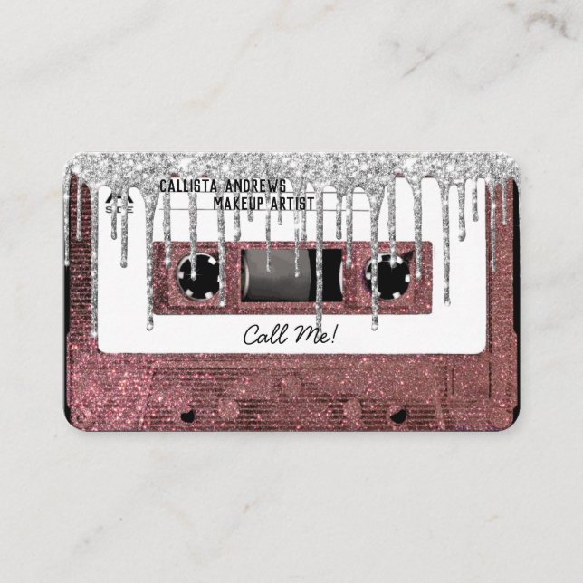 80's Rose Gold Glitter Drip Cassette Tape Mixtape Business Card (Front)