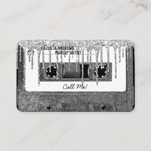 80s Silver Glitter Drip Cassette Tape Mixtape Business Card