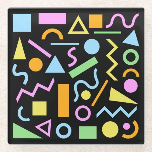 80s Style Shape Pattern Color on Black Glass Coaster