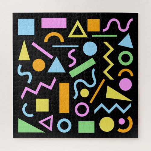 80s Style Shape Pattern Color on Black Jigsaw Puzzle