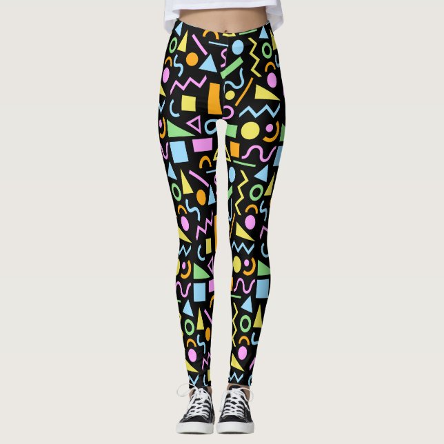 80s Style Shape Pattern Color on Black Leggings (Front)