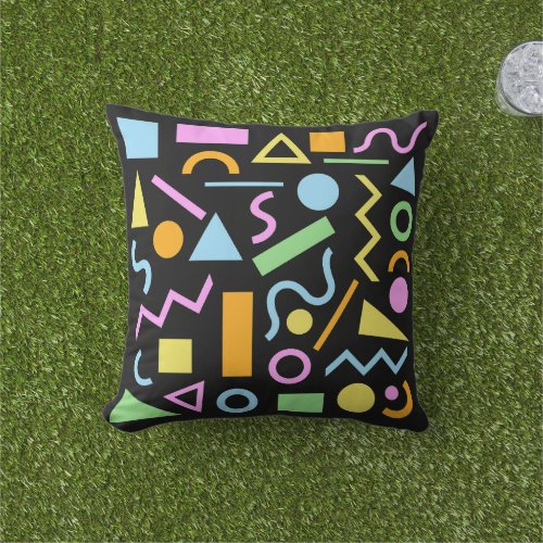 80s Style Shape Pattern Color on Black Outdoor Pillow