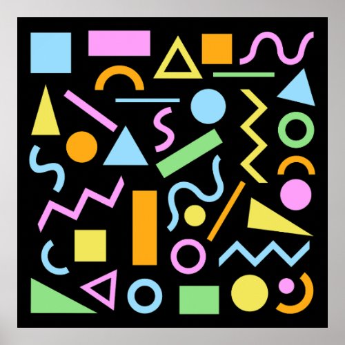 80s Style Shape Pattern Color on Black Poster