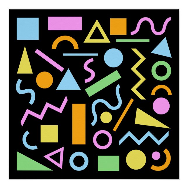 80s Style Shape Pattern Color on Black Poster (Front)