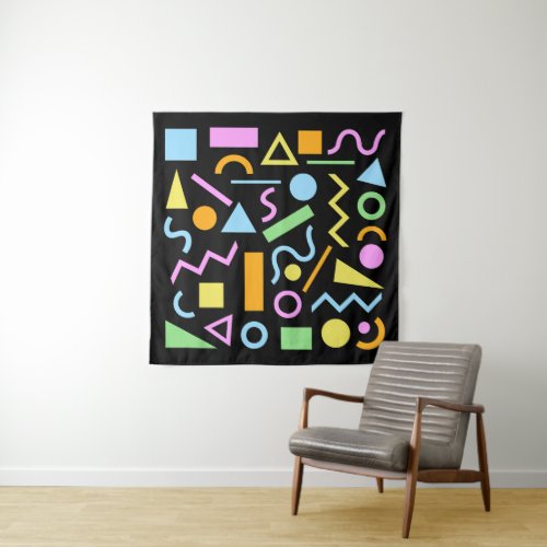 80s Style Shape Pattern Color on Black Tapestry