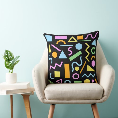 80s Style Shape Pattern Color on Black Throw Pillow